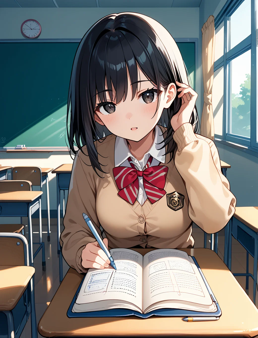 score_9, score_7_up, source_anime,
1girl, medium black hair, school uniform, long sleeves, classroom, pov across table, notebook, arm support
adjusting hair, <lora:adjusting_hair_xl:0.8>