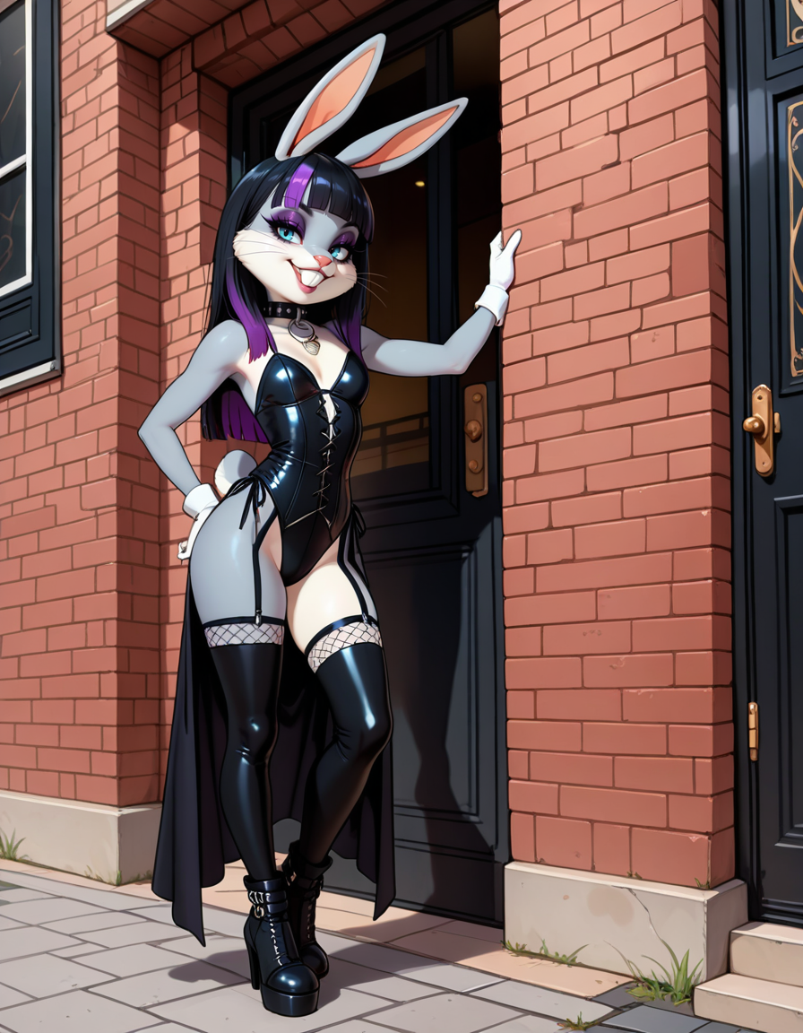 masterpiece, best quality, very aesthetic, absurdres,
outdoors, goth fashion, 
full body, posing, standing, 
seductive smile, parted lips, long eyelashes,
<lora:Goth_Bugs_Bunny_v01_NAIXL:1>
G07h88,1girl,solo,furry,furry female,rabbit girl,rabbit ears,long hair,multicolored hair,black hair,purple hair,blunt bangs,rabbit ears,piercing,blue eyes,makeup,eyeshadow,snout,animal nose,whiskers,buck teeth,collar,body fur,two-tone fur,grey fur,white fur,rabbit tail,
