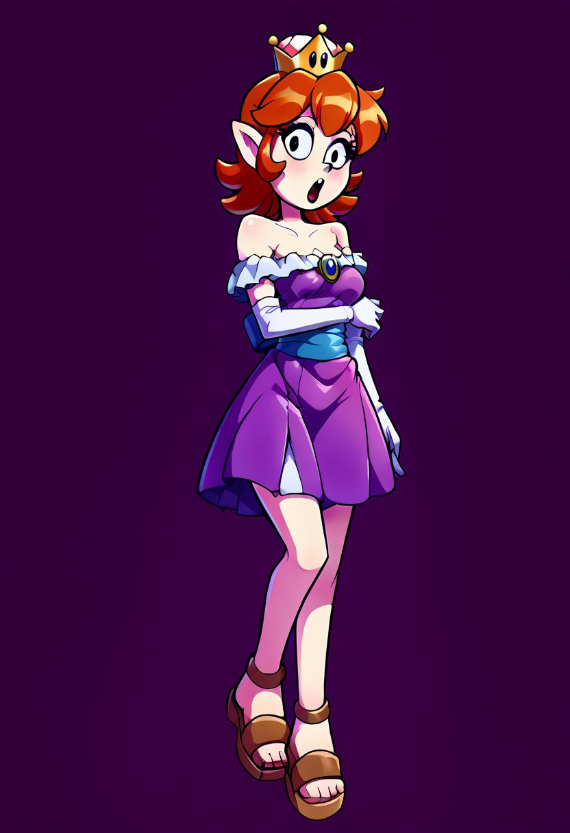 score_9, score_8_up, 
{source_anime, 1woman, solo, Waluigi, genderswap \(mtf\), Waluette, no mustache, mature woman, 30 years old, long face, high cheekbones, thin face, very pointy chin, pointy ears, brown hair, super crown, purple idol dress, idol dress, off -shoulder, sleeveless, frill, sash, skirt, elbow gloves, white gloves, brown sandals, long legs, dancing on a stage, singing on a stage,}, 
<lora:ChamWaluigiPonyXL:1>