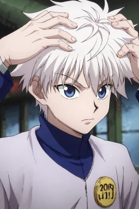 score_9, score_8_up, score_7_up, score_6_up, score_5_up, score_4_up, BREAK source_anime, (best quality:1.1), (masterpiece:1.4), , upper body, depth of field, 1boy, solo, male focus, <lora:killua_zoldyck_pony:1>, killua_zoldyck, white hair, blue eyes, easter costume, science fiction apocalyptic and post-apocalyptic, Hands on head, displaying frustration, <lora:sdxl_lightning_8step_lora:1>