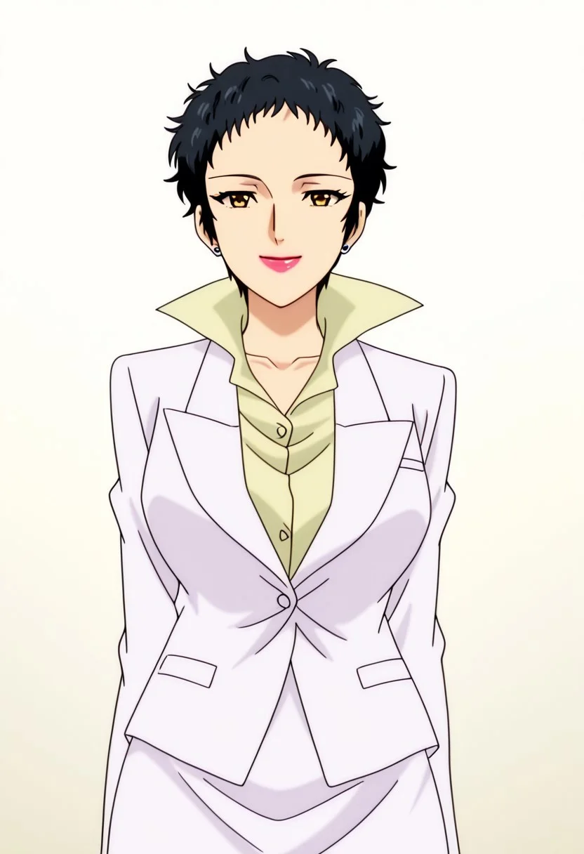 best quality, masterpiece, anime screencap, anime coloring, ultra detailed, source_anime, intricate details, perfect anatomy, looking at viewer,
haskata ren, black hair, short hair, very short hair, brown eyes,  lips, lipstick, jewelry, earrings, makeup, breasts, large breasts, smile, 
formal, suit, white suit, skirt, pencil skirt, white skirt, shirt, yellow shirt, collared shirt, stand-up collar,
simple background, white background,