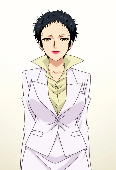 best quality, masterpiece, anime screencap, anime coloring, ultra detailed, source_anime, intricate details, perfect anatomy, looking at viewer,
haskata ren, black hair, short hair, very short hair, brown eyes, lips, lipstick, jewelry, earrings, makeup, breasts, large breasts, smile,
formal, suit, white suit, skirt, pencil skirt, white skirt, shirt, yellow shirt, collared shirt, stand-up collar,
simple background, white background,