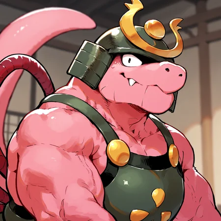 score_9, score_8, masterpiece, (no_human), perfect_scales, perfect body, perfect_face, perfect_eyes, anthro, male focus, furry male, 1boy, (perfect_anatomy, ultra best anatomy),Daimyo dragon,kabuto \(helmet\),armor, full pink body, (one_color_body),tail,fang, upper body, dynamic pose, dynamic angle