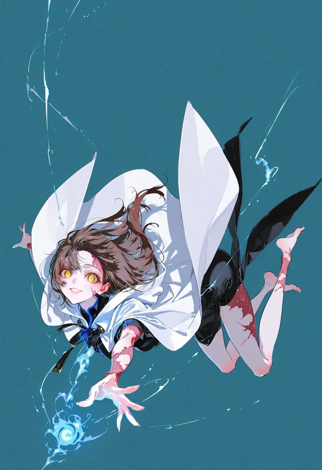 masterpiece, best quality, good quality, newest, highres, absurdres, uncensored,
BREAK 
very awa, absolutely eye-catching, (beautiful face), 
BREAK
amazing quality, best quality, ultra-detailed, 8K, illustration, CG, ultra-detailed-eyes, cute girl, wide shot, eyelashes,
BREAK
(only girl, solo focus)
BREAK 
blue energy, blue mana, energy swirling, blue magic, magic on finger, intense magic, big magic,
BREAK
perfect composition, solo, 1girl, eye reflection, wide eyed, eyelashes, 
BREAK
professional lighting, Photorealistic, source_real, 8k, sharp focus, golden eyes, glowing eyes, slit pupils, brown hair, perfect nose, slicked back, long hair, smooth hair, parted hair, shiny, burn scar, puffy lips, smile, looking at viewer, white cloak, falling, barefoot, spread arms,
(by yoneyama mai, rolua, roitz \( roitz \):1.25), colored lines,