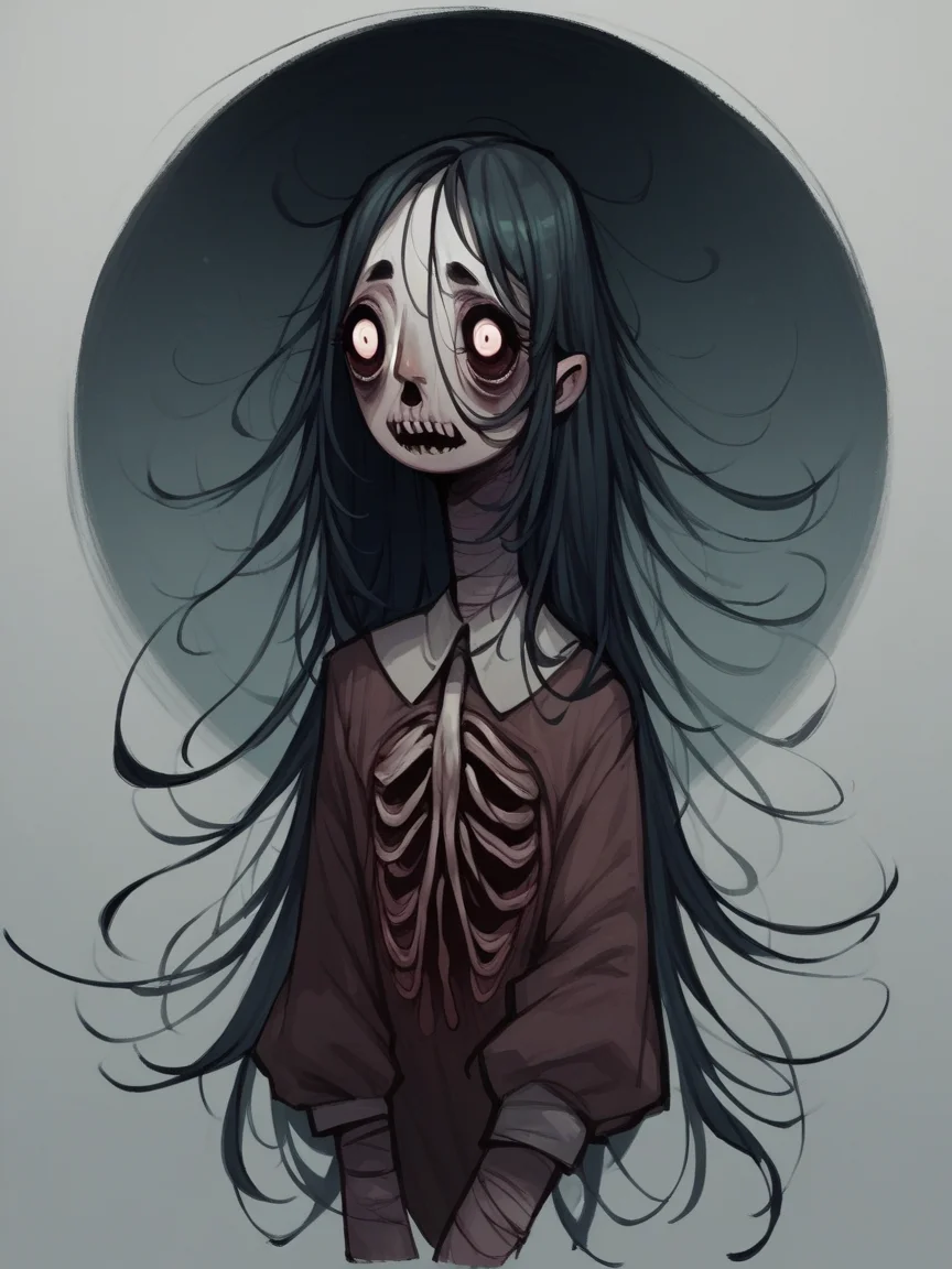 score_9, score_8_up, score_7_up, score_6_up, score_5_up, <lora:f33f4lXLP_r2:1> f33f4l, 1girl, long hair, horror \(theme\),