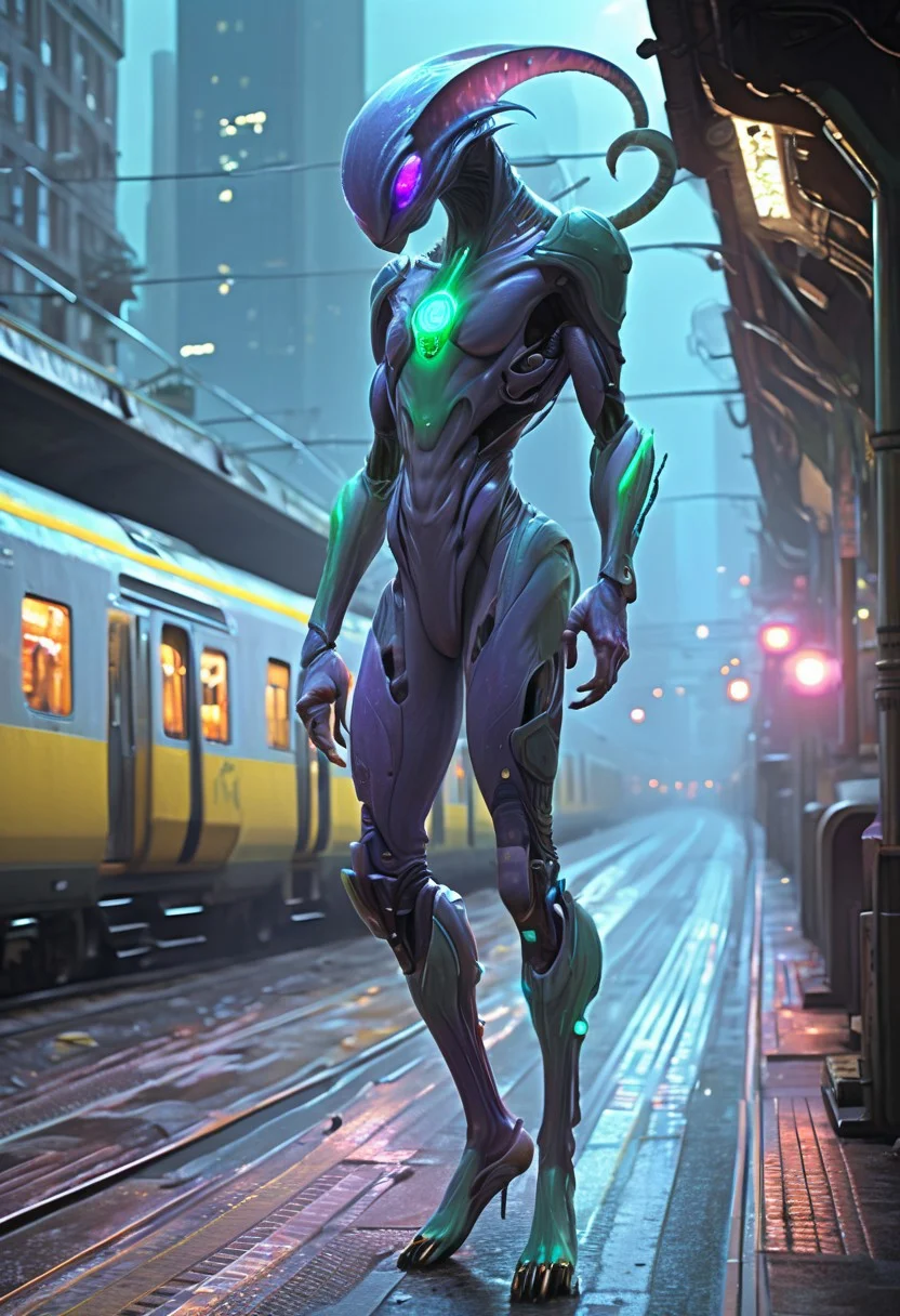 score_9, score_8_up, score_9_up, SilverPulse, Fantasy Creature, alien girl, feminime, female, 1girl, four arms, Avatar navi alien with purple skin, tail, big eyes, medium breast, dark grey poncho, running on the top of train, yellow train, cyberpunk city, night, neon light, rainy