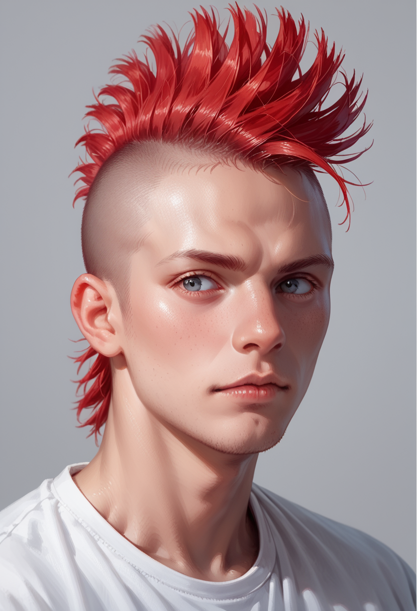 score_9, score_8_up, score_7_up, score_6_up, score_5_up, score_4_up,  1boy, hud_m0hawk, mohawk, very short hair, red hair, <lora:mohawk:0.7> , portrait