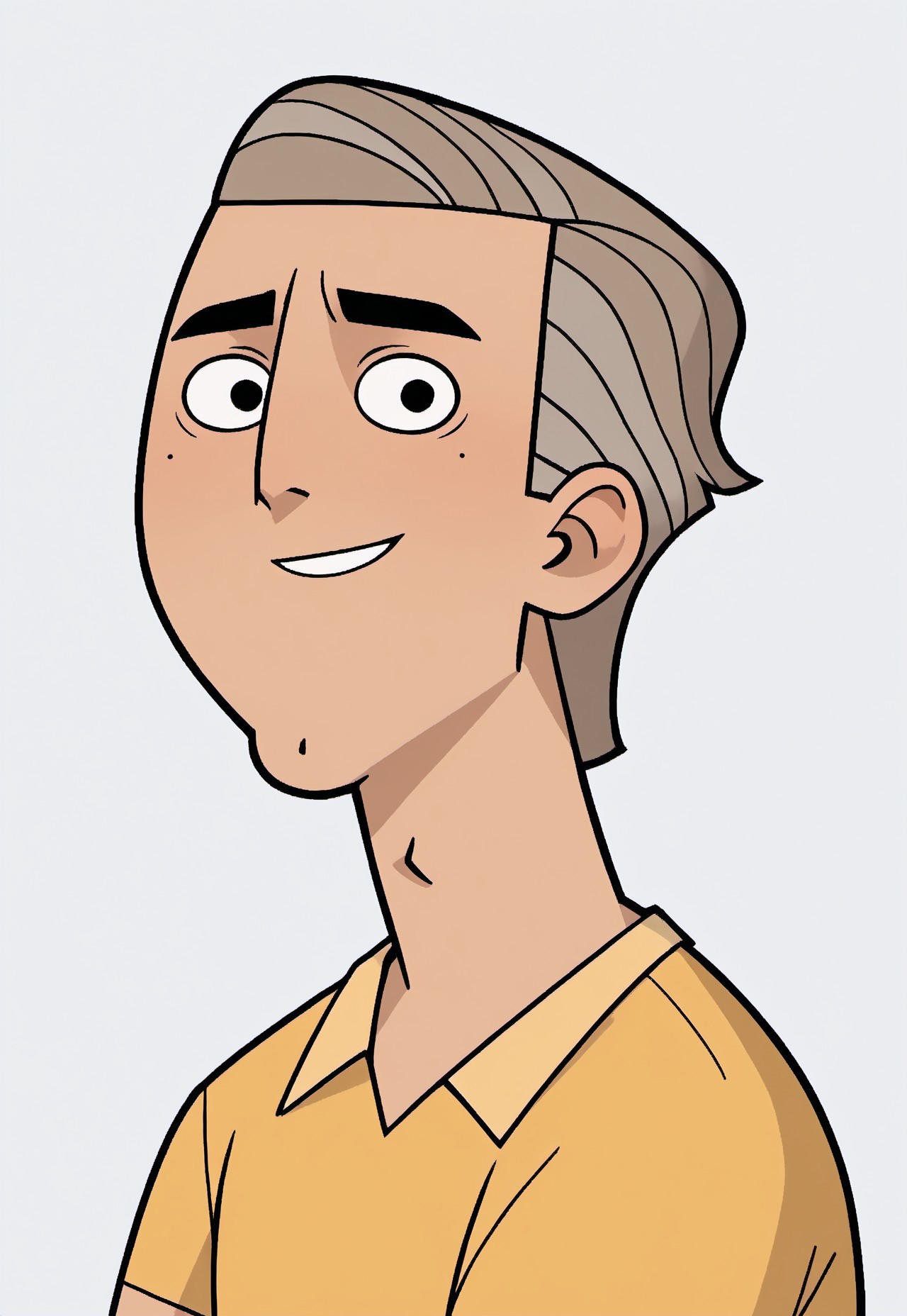 safe_pos, score_9, score_8_up, score_7_up, source_anime, rating_nsfw, ultra hd, absurdres, solo, masterpiece, best quality, best aesthetic, Expressiveh, 1boy

TDDwayne, grey hair, black eyes, yellow shirt, short sleeves, portrait, headshot, looking at viewer, smile