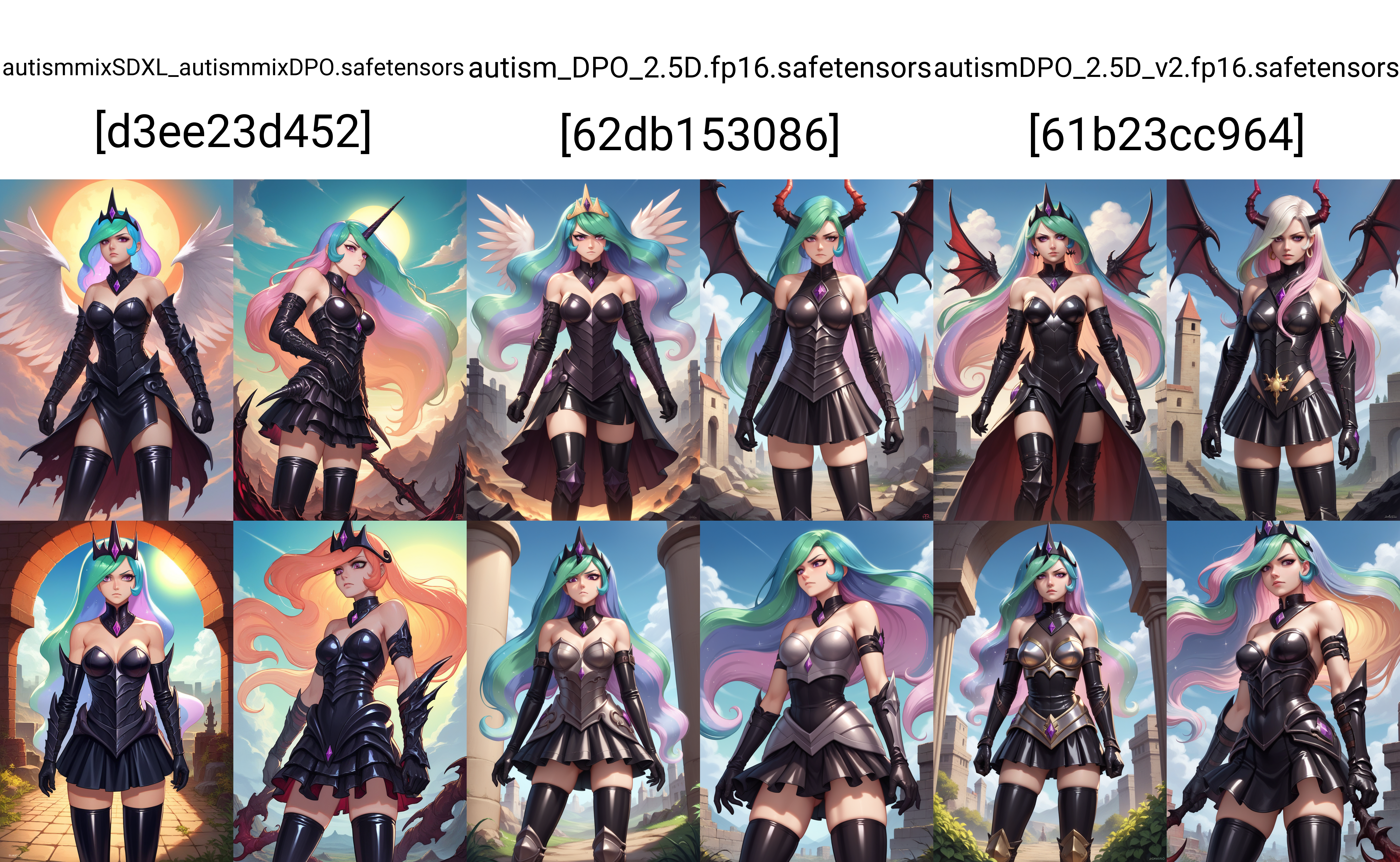 zPDXL, source_anime, 1girl, solo, BREAK
human princess celestia, corrupted, evil,
latex thighhighs, black gloves, dark armor, bare shoulders, armored skirt,
standing, cowboy shot, 
outdoors, blue sky,