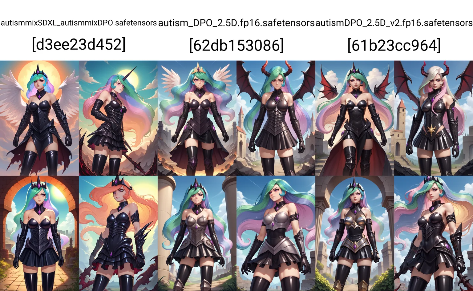 zPDXL, source_anime, 1girl, solo, BREAK
human princess celestia, corrupted, evil,
latex thighhighs, black gloves, dark armor, bare shoulders, armored skirt,
standing, cowboy shot,
outdoors, blue sky,