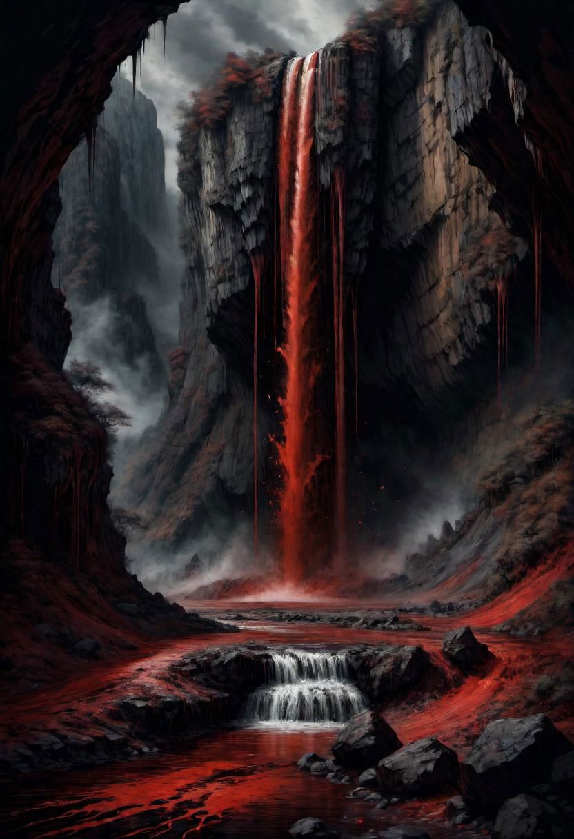 a landscape of a waterfall of ((blood)),
 masterpiece, highly detailed,
EdobHorrorLandscape,
horror, dark,
