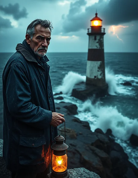Imagine an image of an elderly lighthouse keeper, his weathered face etched with deep lines, his piercing gray eyes reflecting years of solitude, standing at the top of a towering lighthouse battered by relentless ocean waves. His tattered navy-blue coat, faded from years of salt and wind, billows slightly in the stormy wind. He grips a rusted lantern in one hand, its flickering light casting weak, golden illumination against the lighthouse’s rain-soaked stone walls. Beyond him, the storm rages with immense power—dark thunderclouds roiling, lightning illuminating the furious whitecaps below. The ocean is a churning mass of black and silver, its waves crashing violently against the cliffside, sending torrents of sea spray high into the air. The composition is hauntingly dramatic, capturing the raw force of nature and the quiet defiance of the lone keeper against the storm.