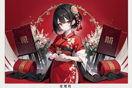highly insanely detailed, masterpiece, top quality, best quality, highres, 4k, 8k, RAW photo, (very aesthetic, beautiful and aesthetic),  
(code_style,codestyle),traditional chinese text,japanese text,english text,(sympattern,geometric pattern), 
<lora:CodeStyle (half generic class)_564920:0>, 
(1girl:1.3), 1other, 
ruby red background,âââ