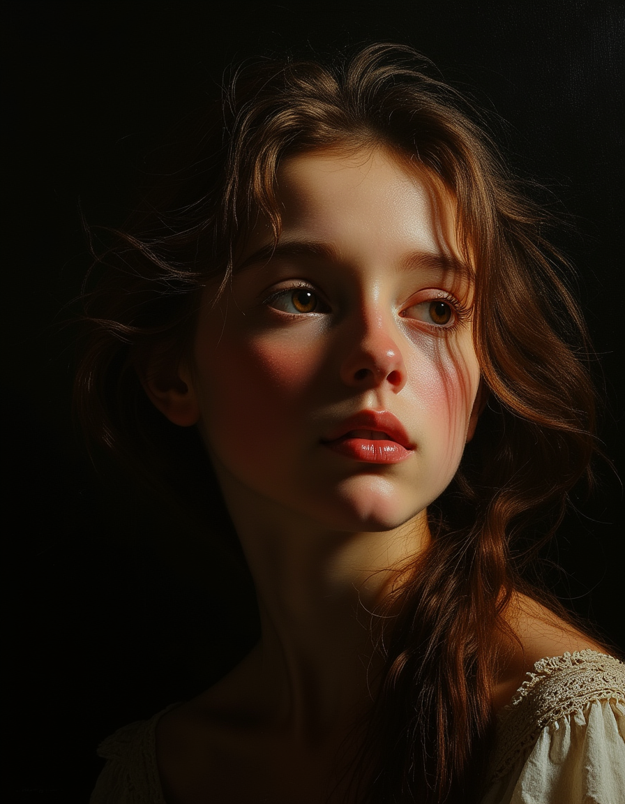 masterpiece, high quality, Oil Painting, The youngest was so beautiful that the sun itself, which has seen so much, was astonished whenever it shone in her face. Focus on the girl, shadow and light, Masterpiece, intricate lines, intriguing atmosphere, sharp magnificent details, delicate features, elaborate details, (2\3 rule composition:0.5), ultra detailed, romantic, Rembrandt lighting, brush stroke, lovely, del1cate_balance style, in the style of Rembrandt. vantablack <lora:style_of_Rembrandt_FLUX_135:.8> <lora:- Flux1 - vanta_black_V2.0:.8> <lora:Delicate_Balance:.3> <lora:neeeg_f1:-.5>