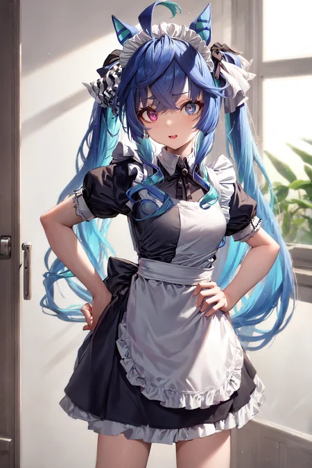 masterpiece, best quality,
twin turbo \(umamusume\),
standing, pointing at self, hand on hip,
enmaided, maid, maid apron, maid headdress,
<lora:twin_turbo_loha:0.7>
