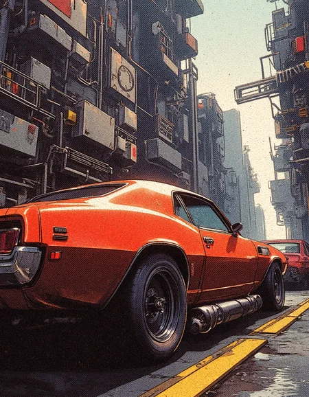 The image is a digital illustration in a detailed, vibrant, high contrast, hyperrealistic art style with 90s retro futuristic anime-inspired elements.  a muscle car parked on the street of the extremely technological cyberpunk city. The futuristic and cyberpunk-styled additional devices, heavy modifications, tubes and technological wires mounted on the badass oldschool exterior of the car. Grunge cyberpunk aesthetic. The bright, unwelcoming sunlight of the morning futuristic gray cyberpunk city eludes the vehicle, leaving the car to stand menacingly in the shadow.
<lora:RetroAnimeFluxV1:1>