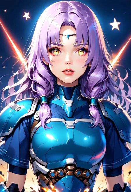 score_9, score_8_up, score_7_up, source_anime,
side walk,coverface with hands,
1girl,
NSFlorinaMain, blue breastplate, blue pauldrons, short sleeves, teal fingerless elbow gloves, circlet, parted bangs, high collar, light purple hair, long hair, low-tied sidelocks
(((mecha suit blue color))), mecha musume, headgear, armor,((Mecha blue armor)), menpo, underboob,black blue armor,
BREAK
(dynamic perspective), sharp focus, (depth of field, bokeh:1.3), extremely detailed eyes and face, beautiful detailed eyes, black gold, trimmed gear,
((((a massive mecha in a fierce battle with giant monsters in outer space, explosions, laser beams, debris, stars, galaxies, dark space background, dynamic action scene, bright flashes of light, intense energy, futuristic technology, epic scale, vivid colors))))