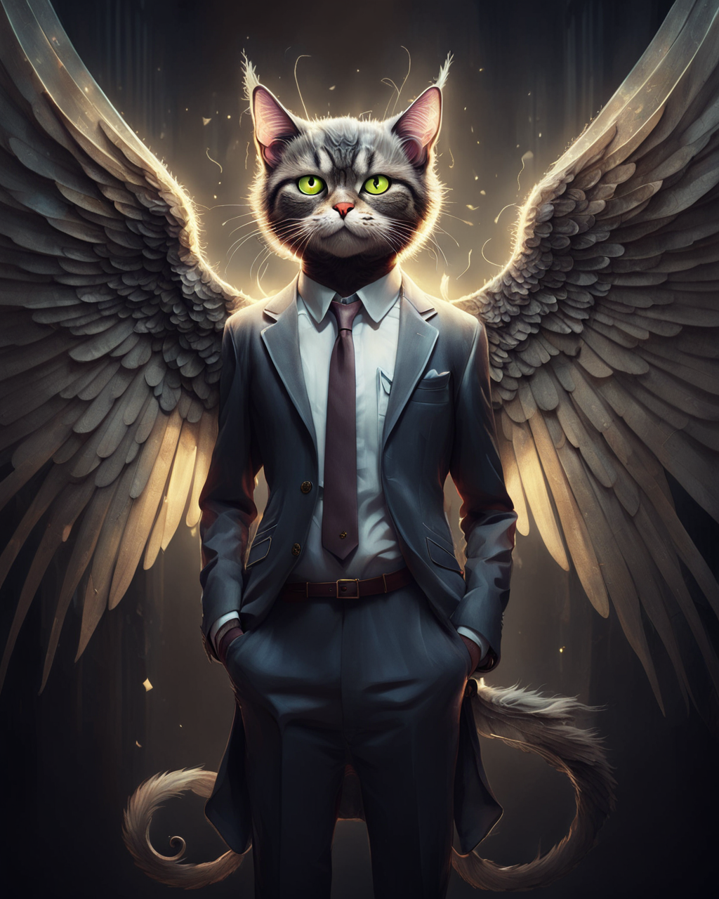 a cat in a business suit, angel wings, AngelicStyle <lora:SDXLAngelic:0.9>, by lee jeffries nikon d850 film stock photograph 4 kodak portra 400 camera f1.6 lens rich colors hyper realistic lifelike texture dramatic lighting unrealengine trending on artstation cinestill 800, (cartoon monster:1.3), cute, big eyes, big mouth, art by gediminas pranckevicius and Alexander Jansson, Pixar, centered, dramatic lighting, glowing light, simple solid background, no background, detailed face, cinematic