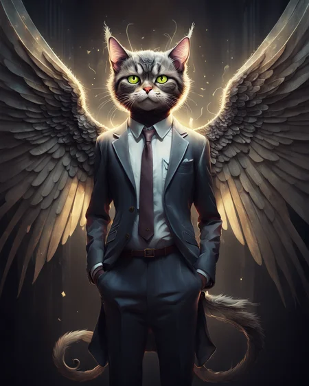 a cat in a business suit, angel wings, AngelicStyle <lora:SDXLAngelic:0.9>, by lee jeffries nikon d850 film stock photograph 4 kodak portra 400 camera f1.6 lens rich colors hyper realistic lifelike texture dramatic lighting unrealengine trending on artstation cinestill 800, (cartoon monster:1.3), cute, big eyes, big mouth, art by gediminas pranckevicius and Alexander Jansson, Pixar, centered, dramatic lighting, glowing light, simple solid background, no background, detailed face, cinematic