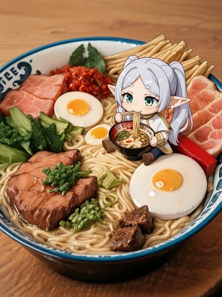 <lora:illustriousXLv01_stabilizer_v1.152:0.8>Delicious bowl of steamy ramen,egg,thick cuts of meat,veggies,noodles,salty broth,frieren,mini person,chibi,sitting,eating,