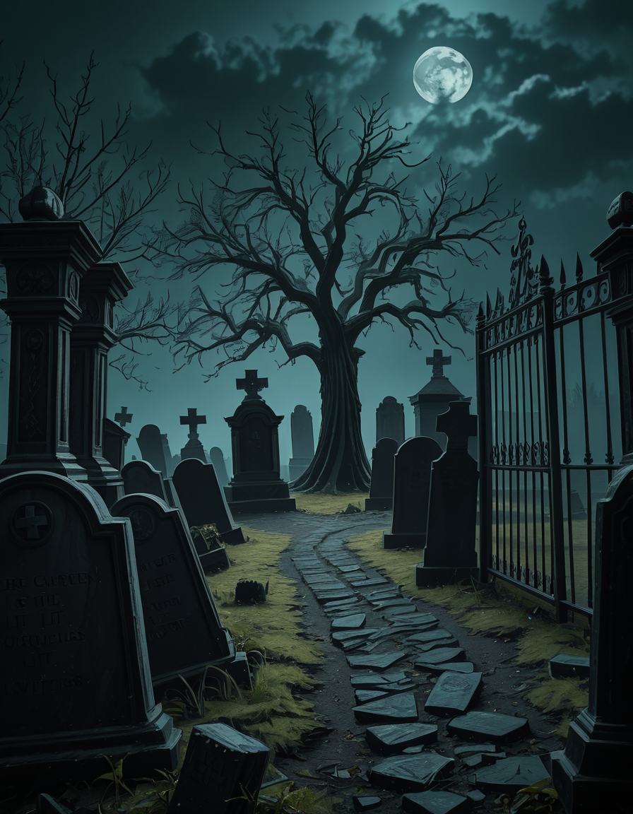 A dark and eerie cemetery shrouded in mist, with ancient, weathered tombstones covered in moss. The scene is dimly lit by a pale, ghostly moonlight filtering through twisted, leafless trees. Cracked stone pathways lead through the graveyard, partially hidden by overgrown grass and creeping ivy. A few old, gothic-style mausoleums stand in the background, their iron gates slightly ajar, adding to the mysterious and haunting atmosphere. Wisps of fog swirl around the gravestones, enhancing the eerie mood. The overall color palette consists of deep blues, grays, and muted greens, creating a cold and unsettling ambiance. The image is highly detailed and photorealistic, capturing the textures of the aged stone, the fogâs movement, and the ominous shadows stretching across the ground. 
<lora:SDXLFaeTastic2400:0.4> <lora:extremely_detailed:0.4> extremely detailed,<lora:33r13_c3m3t3ry-ill:1>,33r13 c3m3t3ry, Masterpiece,best quality,hi res,8k,hi res,8k,award winning,(sharp focus, intricate, highly detailed),