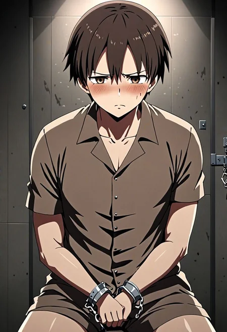 high resolution, solo, best quality, 1Boy, Takaki Toono, Brownish Hair, Brown Eyes, arrested, restrained, struggling, handcuffs, interrogated, interrogation room, OverallDetail