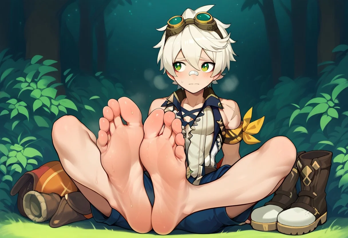 Expressiveh, score_9, score_8_up, score_7_up, score_6_up, 1boy, bennett,green eyes,white hair,hair between eyes,short hair,bangs,googles,goggles on head,bandaid,bandaid on face,bandaid on nose,sleeveless,scar,scar on arm,shorts, barefoot, boots removed, steam, steamy feet, in the forest, feet, sweaty, glistening sweaty skin, worried, nervous, looking away, full body, Big feet, soles, Draugnut, Draugnut style, sitting by campfire, night time, at night, foot focus, soles,