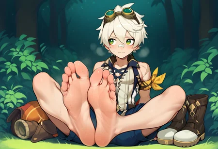 Expressiveh, score_9, score_8_up, score_7_up, score_6_up, 1boy, bennett,green eyes,white hair,hair between eyes,short hair,bangs,googles,goggles on head,bandaid,bandaid on face,bandaid on nose,sleeveless,scar,scar on arm,shorts, barefoot, boots removed, steam, steamy feet, in the forest, feet, sweaty, glistening sweaty skin, worried, nervous, looking away, full body, Big feet, soles, Draugnut, Draugnut style, sitting by campfire, night time, at night, foot focus, soles,