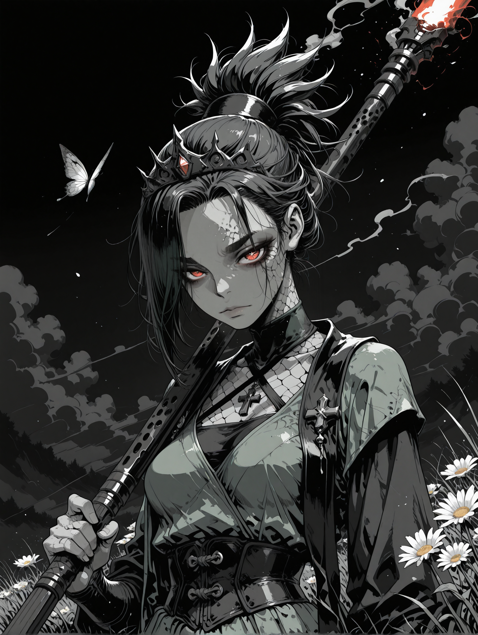 masterpiece,best quality,amazing quality,very aesthetic, absurdres, textured skin, anime style, (black and white, grayscale, monochrome:1.1), shaded, bold lines, Crestyle, detailed background, manga, 
shindol, Crestyle, m4ng4, Sinozick_illu, spot color, in the style of cksc, abstract, surreal, intricate background, ornate, wasabi_natsume_illu,
long shadows, Chiaroscuro Lighting, Loop Lighting, , 
1girl, curtained_hair, impossible long hair, folded_ponytail, hair_over_one_eye, cross shaped pupils, looking at viewer, thick eyebrows,    tabi socks with ninja sandals, butterflies in flight, criss-cross halter,  (solo:1.6), light skin,, dark hair, light eyes, young,  red eyes, sinister, dramatic, 
 (green clothes, colored clothes,:1.5)   Stole, tiara, armored, 
sateen luminescent dress, velvet multicolored Mini skirt, High-waisted trousers, 
flaming staff, holding weapon, large weapon, colossal weapon, oversized weapon,, fighting pose, (dynamic pose:1.4), motion lines,  (portrait, upper body:1.2),
simple background, flowers, daisy field, grass, starry sky, clouds,
 (Crimson background:1.1), black background, smoke, fog, heavy sky, dark theme, light particles, 
<lora:DetailedPerfect_hands_r1:1> <lora:ShindoL:0.5>   <lora:ill_yukimi_styleV1:0.3>  <lora:m4ng4XLP:0.8> <lora:Crestyle_Illu:0.3>  <lora:Sinozick_style:0.6>  <lora:ck-shadow-circuit-IL:0.3> <lora:OldAnimeStyle_XL_v3:0.2> <lora:xl_more_art-full_v1:0.4> <lora:StS-Illustrious-Detail-Slider-v1.0:1> <lora:TrendCraft_The_Peoples_Style_Detailer-v2.1A-3_12_2025-SDXL:0.2> <lora:- iLL - the_edgy_mech_V2.0-:0.3> <lora:ppw_v7_Illuv1.0_1_r2:0.3> <lora:add-detail-xl:1> <lora:ponyv3_ill01_2_adamW:0.2> <lora:wasabi_natsume_style_r1:0.2>