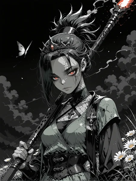 masterpiece,best quality,amazing quality,very aesthetic, absurdres, textured skin, anime style, (black and white, grayscale, monochrome:1.1), shaded, bold lines, Crestyle, detailed background, manga, 
shindol, Crestyle, m4ng4, Sinozick_illu, spot color, in the style of cksc, abstract, surreal, intricate background, ornate, wasabi_natsume_illu,
long shadows, Chiaroscuro Lighting, Loop Lighting, , 
1girl, curtained_hair, impossible long hair, folded_ponytail, hair_over_one_eye, cross shaped pupils, looking at viewer, thick eyebrows,    tabi socks with ninja sandals, butterflies in flight, criss-cross halter,  (solo:1.6), light skin,, dark hair, light eyes, young,  red eyes, sinister, dramatic, 
 (green clothes, colored clothes,:1.5)   Stole, tiara, armored, 
sateen luminescent dress, velvet multicolored Mini skirt, High-waisted trousers, 
flaming staff, holding weapon, large weapon, colossal weapon, oversized weapon,, fighting pose, (dynamic pose:1.4), motion lines,  (portrait, upper body:1.2),
simple background, flowers, daisy field, grass, starry sky, clouds,
 (Crimson background:1.1), black background, smoke, fog, heavy sky, dark theme, light particles, 
<lora:DetailedPerfect_hands_r1:1> <lora:ShindoL:0.5>   <lora:ill_yukimi_styleV1:0.3>  <lora:m4ng4XLP:0.8> <lora:Crestyle_Illu:0.3>  <lora:Sinozick_style:0.6>  <lora:ck-shadow-circuit-IL:0.3> <lora:OldAnimeStyle_XL_v3:0.2> <lora:xl_more_art-full_v1:0.4> <lora:StS-Illustrious-Detail-Slider-v1.0:1> <lora:TrendCraft_The_Peoples_Style_Detailer-v2.1A-3_12_2025-SDXL:0.2> <lora:- iLL - the_edgy_mech_V2.0-:0.3> <lora:ppw_v7_Illuv1.0_1_r2:0.3> <lora:add-detail-xl:1> <lora:ponyv3_ill01_2_adamW:0.2> <lora:wasabi_natsume_style_r1:0.2>