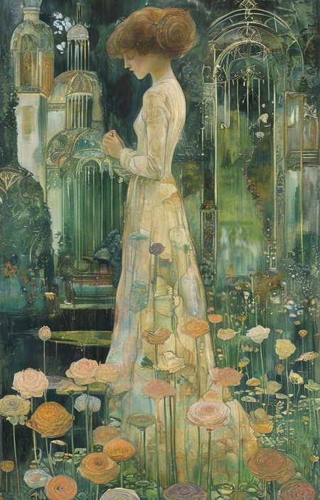 masterpiece,best quality,<lora:tbh267-sdxl:0.9>,illustration,style of Jan Toorop A bottle of perfume in garden