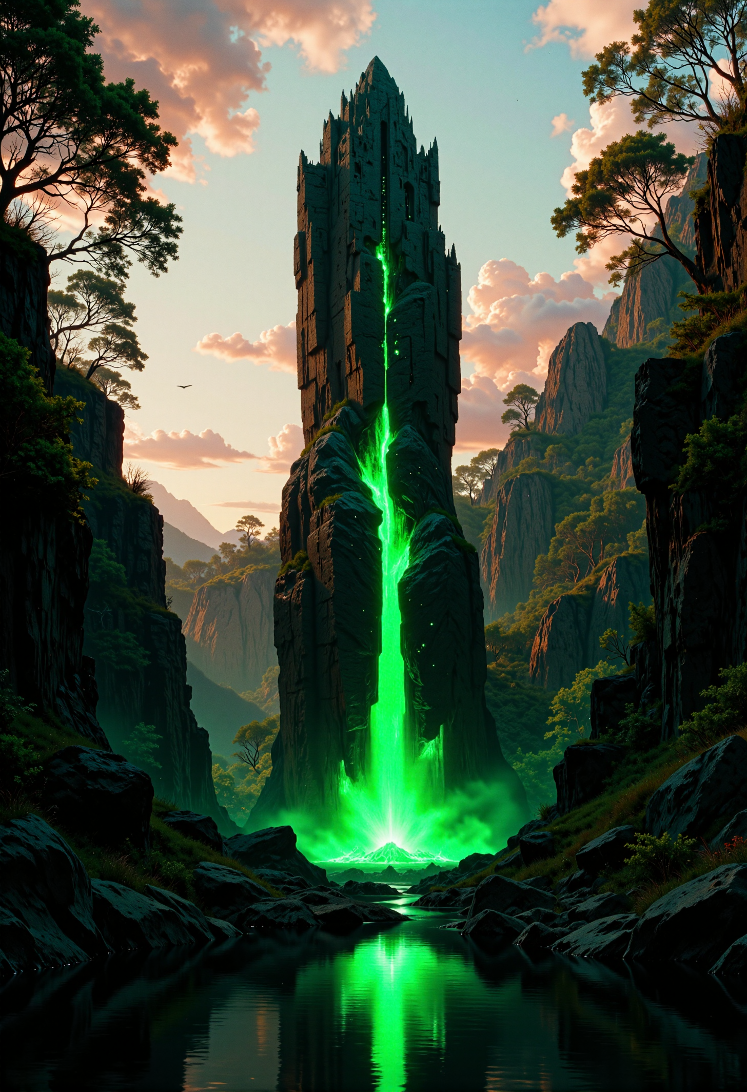 highest details, ultra hyper realism. highly detailed and realistic. intricate and highly professional artwork, an absolute masterpiece.
This is a high-quality digital artwork depicting a fantastical scene featuring a towering, jagged rock monolith,  illuminated by a vibrant, luminescent emerald glow. The rock structure, reminiscent of a natural spire, is centered in the image, and it´s sides  are illuminated by brightly glowing gemstone formations from the top down its sides, creating a striking contrast against the dark, rugged texture of the rock. The background features a serene forest bathed in the soft, warm light of a setting or rising sun, casting a gradient of pink and orange hues across the sky. The forest is composed of tall, shadowy trees framing the scene on both sides, adding depth and a sense of mystery. The foreground includes a tranquil, reflective pool of water, mirroring the green glow and the rock formation. The overall aesthetic quality of the image is very high, with meticulous attention to detail and a harmonious blend of natural and fantastical elements. The lighting is dramatic, highlighting the luminous reflections on the water and the rugged texture of the rock. The camera angle is slightly low, emphasizing the height and majesty of the rock formation.
<lora:artilands_v02_epoch_6:0.7>  <lora:Elden_Ring_-_Yoshitaka_Amano:0.35> <lora:FluxMythP0rtr4itStyle:0.3> mythp0rt <lora:flux.1_lora_flyway_Epic-Characters_v1:0.3>  <lora:Cinematic Film style v1.0:0.5> <lora:GrainScape:0.8> 8n8log, film photography aesthetic, film grain effect prominent throughout image, high contrast lighting creating dramatic shadows, grainy film-like texture