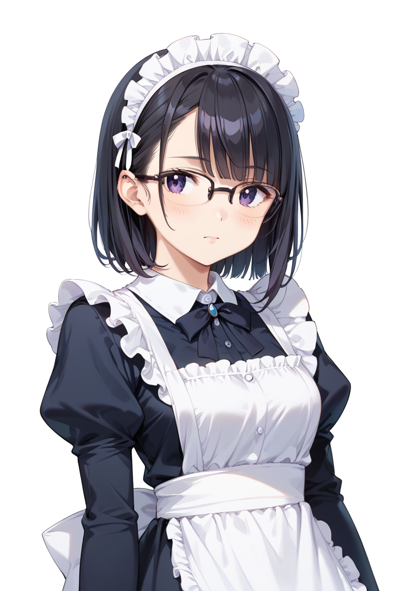 score_9, score_8_up, score_7_up, rating_safe, masterpiece, best quality, absurdres, unity 8k wallpaper, official art, official style, source_anime, uncensored, game cg, megami magazine,
1girl, solo, black hair, medium hair, upper body, covered eyes,maid, maid headdress, black dress, maid apron, face focus, 
halfrim15S, still life, white background, simple background, black-framed eyewear,
 <lora:glasses_halfrim15s_PONY_V1:1>