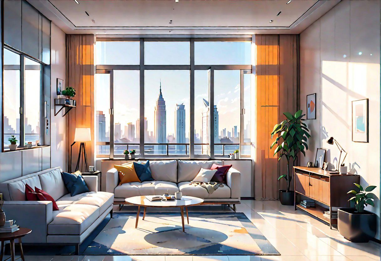 ((front view)), Shallow scene, ((animation style)), modern-style interior, with white walls, (large windows), a  study, Sofa, single wall, 
warm light morning sun, ((City high-rise building scenery)), (clear sky)