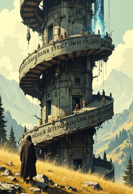 A spiraling, ancient tower looms over a mist-covered valley, its walls covered in countless engraved names, some glowing faintly as if alive. At its base, a cloaked wanderer stands, tracing their fingers over the letters, causing some to flicker and shift as if responding to their touch. The tower’s architecture is strange—its base is weathered stone, but as it rises, the structure changes, becoming sleek metal, then gnarled roots, and at its peak, a floating crystalline formation, suspended in midair, crackling with energy. The surrounding landscape is ethereal, with pale golden grass swaying despite the still air, and distant mountains that appear to dissolve into mist at their peaks. Shadows move unnaturally, stretching and twisting as if something unseen stirs beneath the ground.