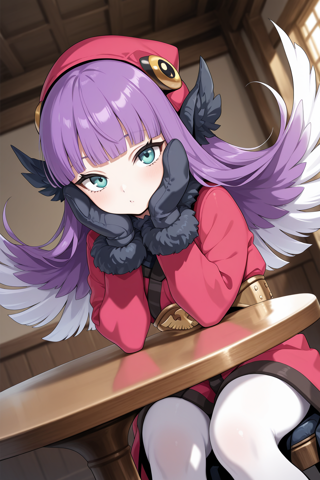 1girl,
MuushuWuuShinMegamiTensei,
safe, solo, dynamic angle,
long hair, hair wings, purple hair, multicolored hair,
white hair,
hat, fur trim, earmuffs, blunt bangs,
long sleeves, mittens, black gloves, coat, white pantyhose,
sitting, face in hands, looking at viewer,
indoors, table,
<lora:kp_MuushuWuuShinMegamiTenseiIllustrious_v1_0:1.0>,
masterpiece, best quality, amazing quality