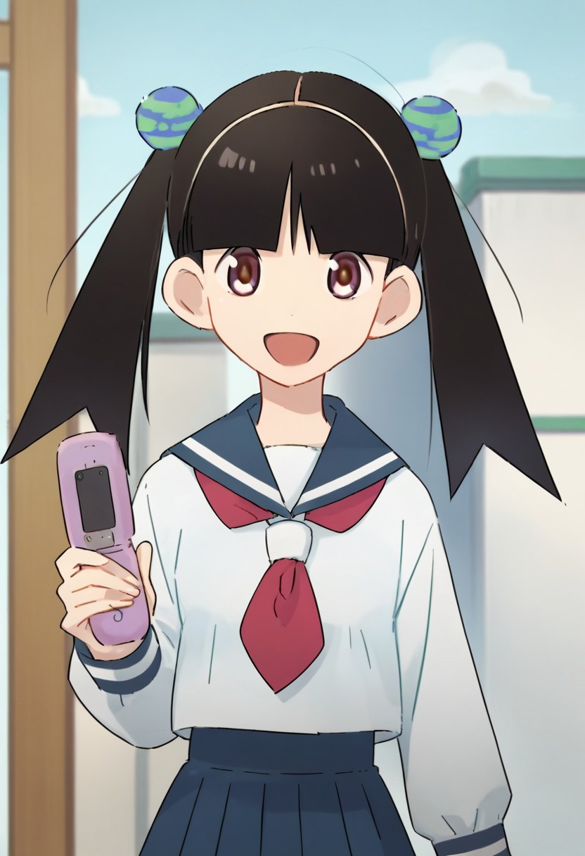 score_9, score_8, score_7, source_anime, otonashi meru, twintails, hair bobbles, 1girl, solo, long sleeves, smile, shirt, open mouth, flip phone, holding, skirt, neckerchief, white shirt, sailor collar