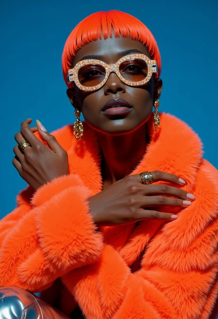 A celebration of bold individuality, where avant-garde elegance meets vibrant retro-pop artistry. 8k, hyper-realistic, cinematic quality, photorealistic, HDR, featuring a striking black female model with radiant, flawless skin. Her hairstyle is a sharp neon orange bob, exuding confidence and individuality. She wears checkered white-and-orange oversized sunglasses and a fuzzy neon orange jacket with a rich, glossy texture, creating a striking interplay of bold materials and vibrant tones. The backdrop is a high-contrast electric blue, amplifying the boldness of her attire and framing her presence with a modern pop-art vibe. The vivid orange and blue palette channels energy and sophistication, reminiscent of Fuji Velvia 50’s saturated tones, delivering a radiant, retro-futuristic feel. Her outfit seamlessly blends avant-garde fashion with playful yet striking elements. The jacket’s texture contrasts with sleek metallic pants in vivid silver, adding a touch of futurism to the pop-inspired ensemble. Accessories include chunky geometric earrings and a bold neon ring, reflecting mathematical symmetry in their design, subtly tying back to the theme of structured elegance. The soft yet precise shadows create a sculptural effect, while the intense colors maintain their playful edge. vantablack, S1n0z1ck style, MaleniaRot, wired-cyborg,
