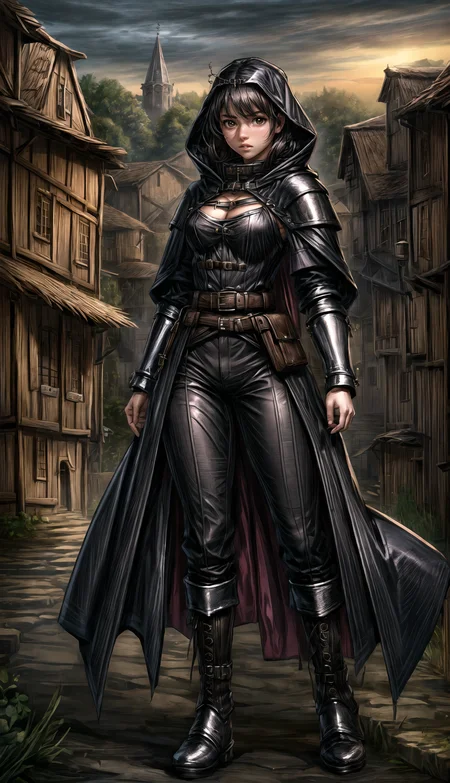medieval, gothic, (medieval village background:1.2),
straight-on,
full body, female, adult, thick body, busty,
a dark doublet with metal buttons and a high collar, tight trousers with revealing gaps in, tall boots, leather belt with pouches, leather gauntlets, hooded cape, 
hair braided in to a crown held together by small silver charms, black hair,
HD, very detailed, 
 <lora:more_details:1.0>,   <lora:Darkness:0.65> darkness,  <lora:Bloodborne:0.5> <lora:Gothic_Outfit:0.5> gothout,