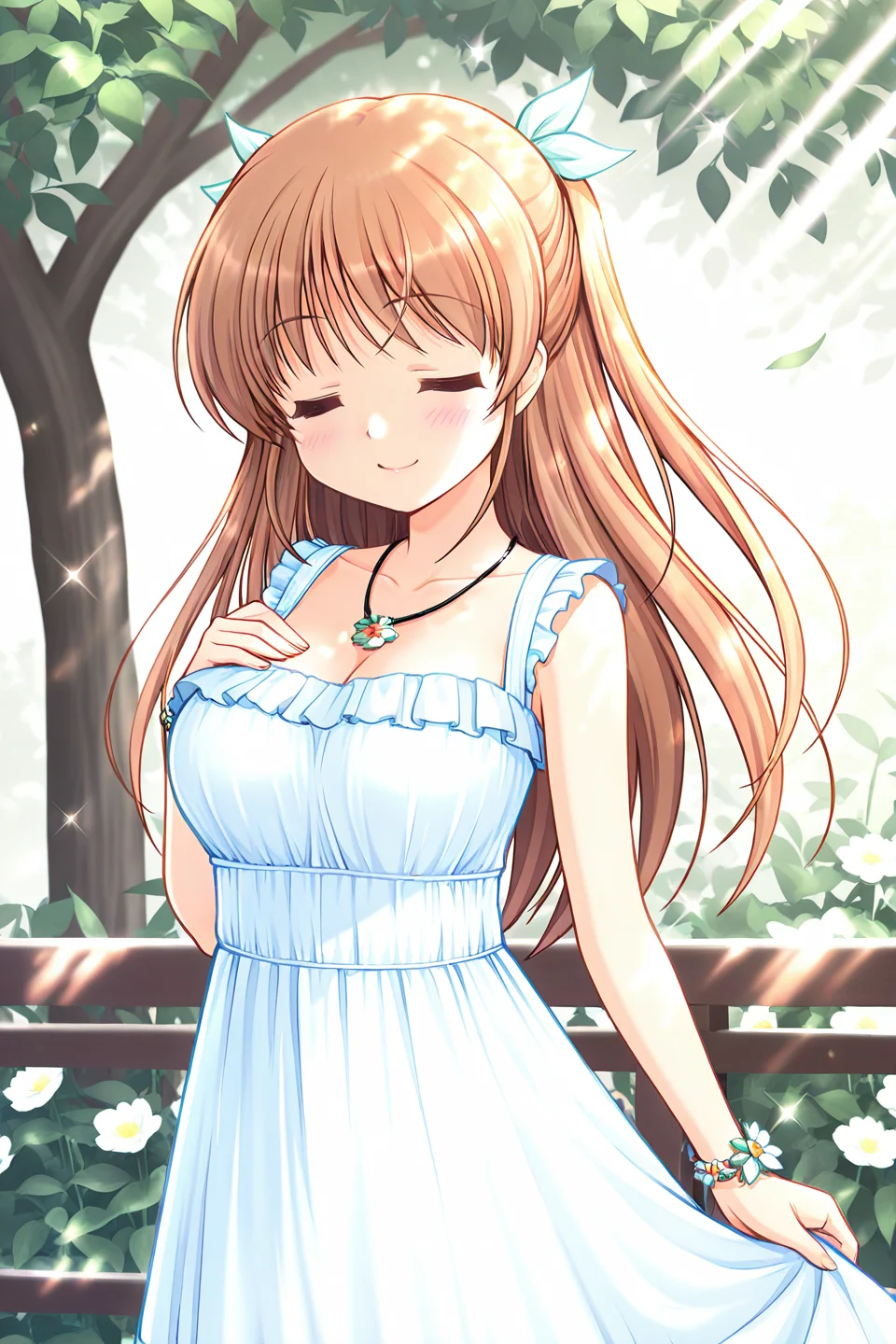 masterpiece, best quality, absurdres, official art, official style, rating general BREAK <lora:shirasakitsugumi_IL_v1-1:0.7>, shirasaki tsugumi, 1girl, solo, purple eyes, blue eyes, light brown hair, long hair, two side up, half updo, hair ribbon, white ribbon, light green ribbon, medium breasts, white sundress, frilled dress, breast frilles, waist frill, necklace, flower bracelet, white flower, bare shoulders, closed eyes, smile, blush, collarbone, cleavage, sleeveless dress, hand on own chest, = =, cowboy shot, standing