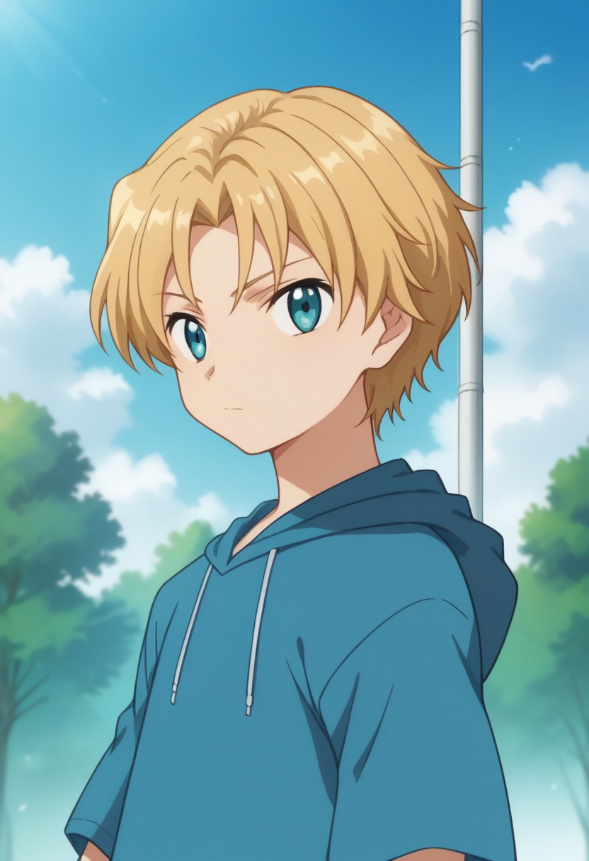 score_9, score_8_up, score_7_up, source_anime, highly detailed,
takuma, 1boy, blonde hair, male focus, solo, blue eyes, hood, shorts, hoodie, black shorts, blue hoodie, upper body,
outdoor, sky, tree, clouds,