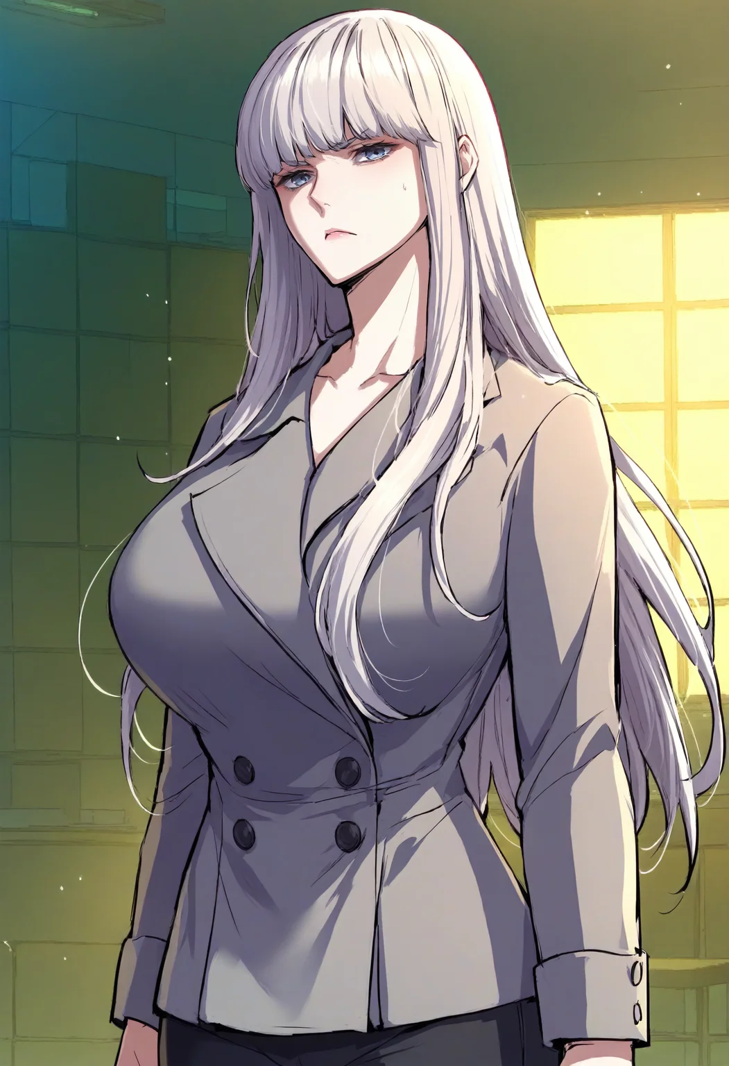 score_9, score_8_up, score_7_up, score_6_up, source_anime, rating_explicit, 1girl, solo, huge breasts, <lora:003 prefectPonyxl:1.0> long hair, grey eyes, grey hair, white hair, blunt bangs, blue eyes, grey coat, double-breasted, buttons, black pants, serious, storage, indoors, looking at viewer