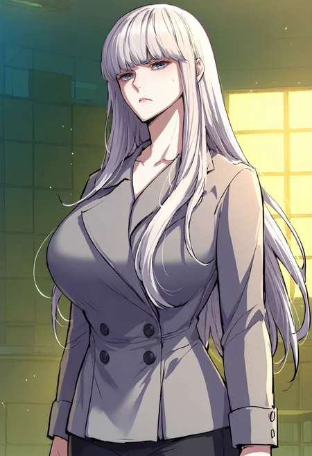 score_9, score_8_up, score_7_up, score_6_up, source_anime, rating_explicit, 1girl, solo, huge breasts, <lora:003 prefectPonyxl:1.0> long hair, grey eyes, grey hair, white hair, blunt bangs, blue eyes, grey coat, double-breasted, buttons, black pants, serious, storage, indoors, looking at viewer