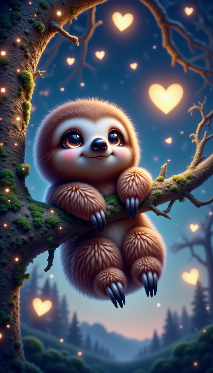 pinkchibivalentine, 
A cute sloth with light brown fur and adorable dark eye patches, dangling lazily from a heart-shaped tree branch covered in teal moss. Little glowing fireflies shaped like hearts hover in the twilight background.