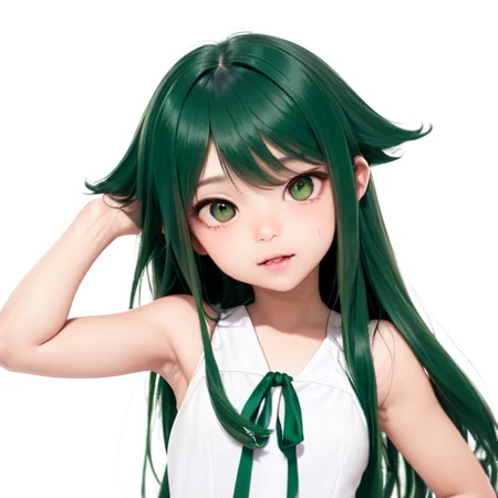 1girl, barefoot, face focus, green_eyes, (green_hair:1.4), long_hair, (saya_\(saya_no_uta\):1.5), (saya no uta:1.2), (white_sleeveless_dress:1.2), very_long_hair, (white_background:1.4), (green hairy ear:1.2),white_dress, (saya_saya:1.5) ,wariza, (oumi jelly:1.2), (outwardly flipped hair:1.5),