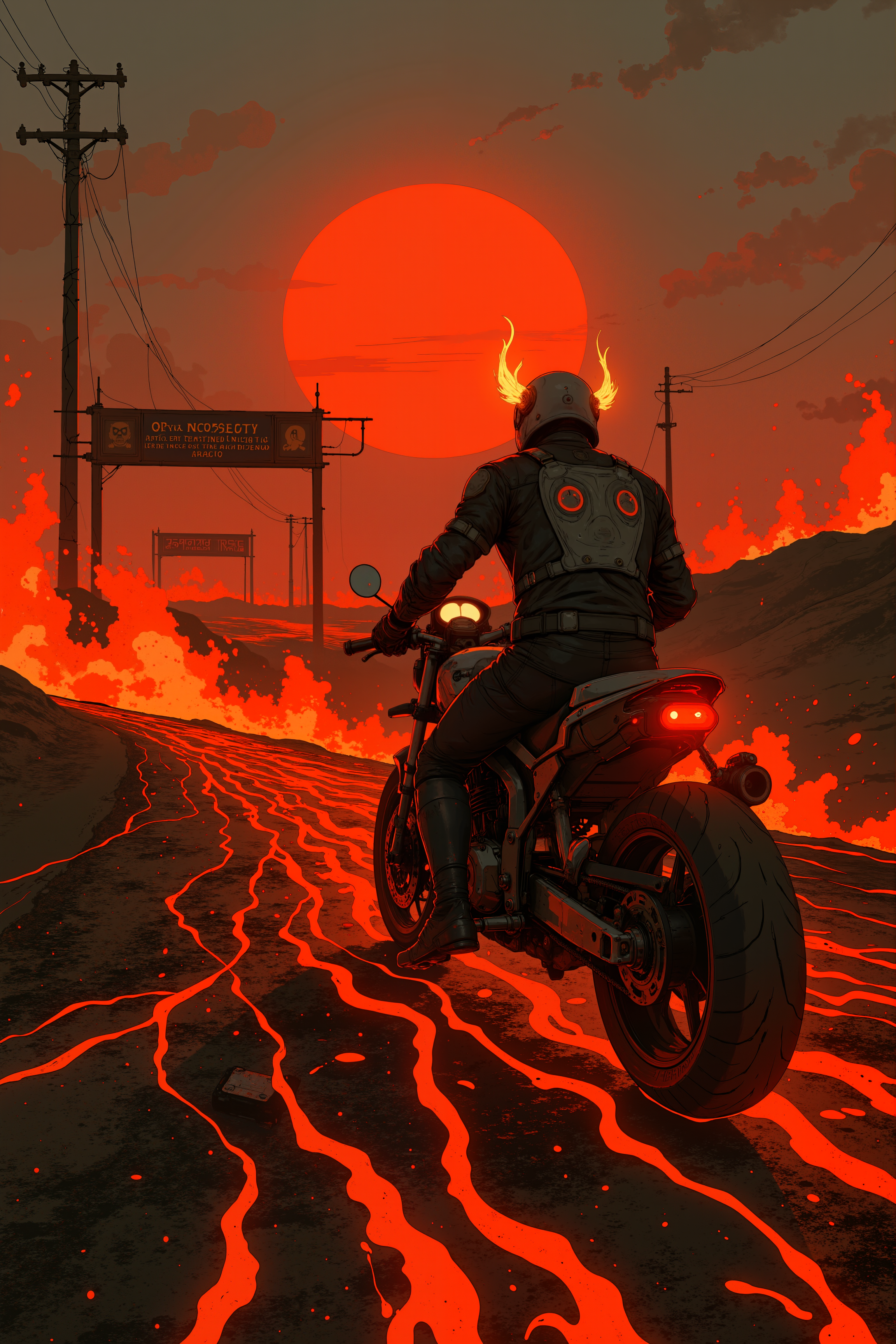 A lone motorcycle racer, clad in spiked leather and a flaming helmet, speeds down a winding desert highway that stretches endlessly toward a fiery horizon. The road is cracked and scorched, glowing embers rising from the asphalt as if it has been ridden on by the devil himself. Tire marks snake through the burning path, leading toward a distant, sinister racetrack built from rusted metal and skull-adorned checkered flags. The setting sun casts an eerie blood-red glow over the landscape, while flames lick at the sky.<lora:Semi-realisticPortraitPainting:0.4> <lora:Let_It_Blaze_in_Crimson_anime_v1.0:0.6>