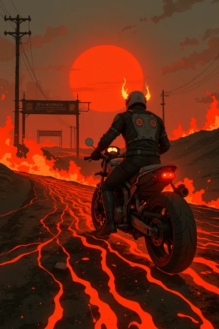 A lone motorcycle racer, clad in spiked leather and a flaming helmet, speeds down a winding desert highway that stretches endlessly toward a fiery horizon. The road is cracked and scorched, glowing embers rising from the asphalt as if it has been ridden on by the devil himself. Tire marks snake through the burning path, leading toward a distant, sinister racetrack built from rusted metal and skull-adorned checkered flags. The setting sun casts an eerie blood-red glow over the landscape, while flames lick at the sky.<lora:Semi-realisticPortraitPainting:0.4> <lora:Let_It_Blaze_in_Crimson_anime_v1.0:0.6>