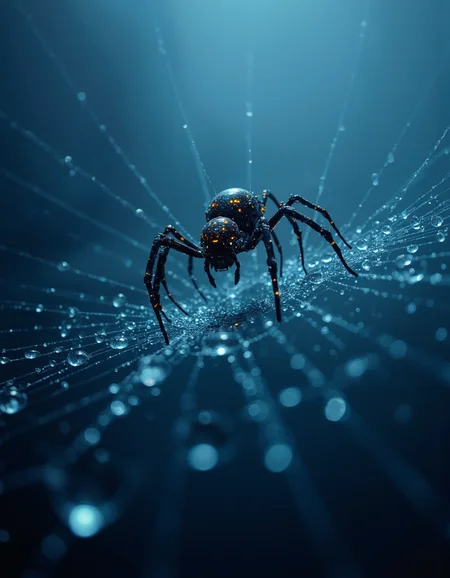 realistic photo, ,perfect lighting, beautiful illustration, ultra-realistic, 

Close view, macro mode. The thinnest web, on which transparent neon water droplets hang, in the center of the web sits a mechanical black spider, on whose body hundreds of microscopic electronic lights are flashing. The spider's thinnest construction emphasizes the high level of robotics technology. sensitive sensors monitor the slightest movements of the web, light vibrations of which are transmitted to the legs of the spider immediately. Thick air, fog. 
(Depth of field),,, .
  
masterpiece, best quality,  medium-format camera,  high-contrast, dramatic lighting, striking composition, 
The background is minimalist, a gradient of shadowy blue tones, amplifying the ethereal and futuristic ambiance of the scene. The overall composition feels cinematic, blending high fashion with a science fiction aesthetic. . Exquisite cyberpunk. retroFuturism.  
(Depth of field), low saturation,detail. mythp0rt, Stylish, charismatic. CPA

<lora:SDXL\FLUX_CPA\(anime, cyberpunk.safetensors:0.6>, CPA,  
<lora:SDXL\Flux_artisketchyfs-v02.safetensors:0.3>,  
<lora:SDXL\flux_Epic gorgeous Details_v2.safetensors:0.3>, 
<lora:SDXL\FLUX_frazetta_flux_v2-000150.safetensors:0.3>, Frank Frazetta,
