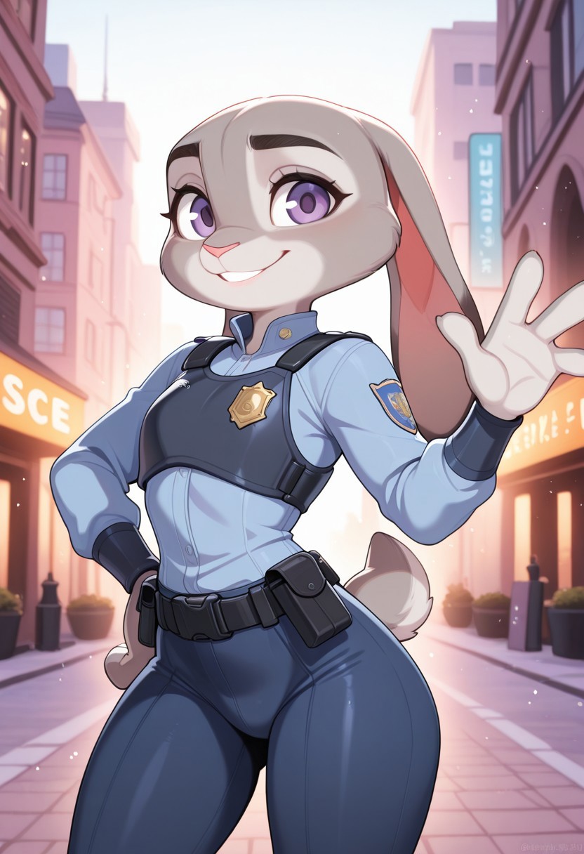 score_9,score_8_up,score_7_up,score_6_up, masterpiece, best quality, very aesthetic, 2d, ((thin lines)), (Pastel colours), soft lines, 
volumetric lighting, light particles, cinematic lighting, depth of field, 
detailed background, outdoors, city street, day,
BREAK 
1girl, femal, solo, judy hopps, anthro, furry, rabbit ears, grey fur, two-tone fur, rabbit girl, purple eyes, rabbit tail, (4 fingers:1.2), 
smile, 
police uniform, 
(cowboy shot:1.3), (from the front), 
standing, waving, one hand on hips, smiling, dynamic pose, wide stance, looking at viewer,