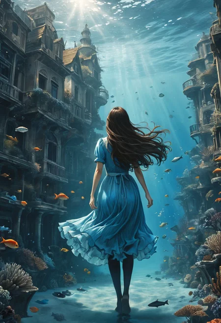 (water-colored), illustration, style of Jessica Galbreth,
(far view, far shot, rear view, facing away:1.3),
(Alice, very long dark brown hair, hair rim lighting, hair in the wind, blue maid dress with short sleeves, black tights, black shoes:1.5),
fog, dreamy, dream, coral, fish, sea weed
(walking, under water, giant city:2)